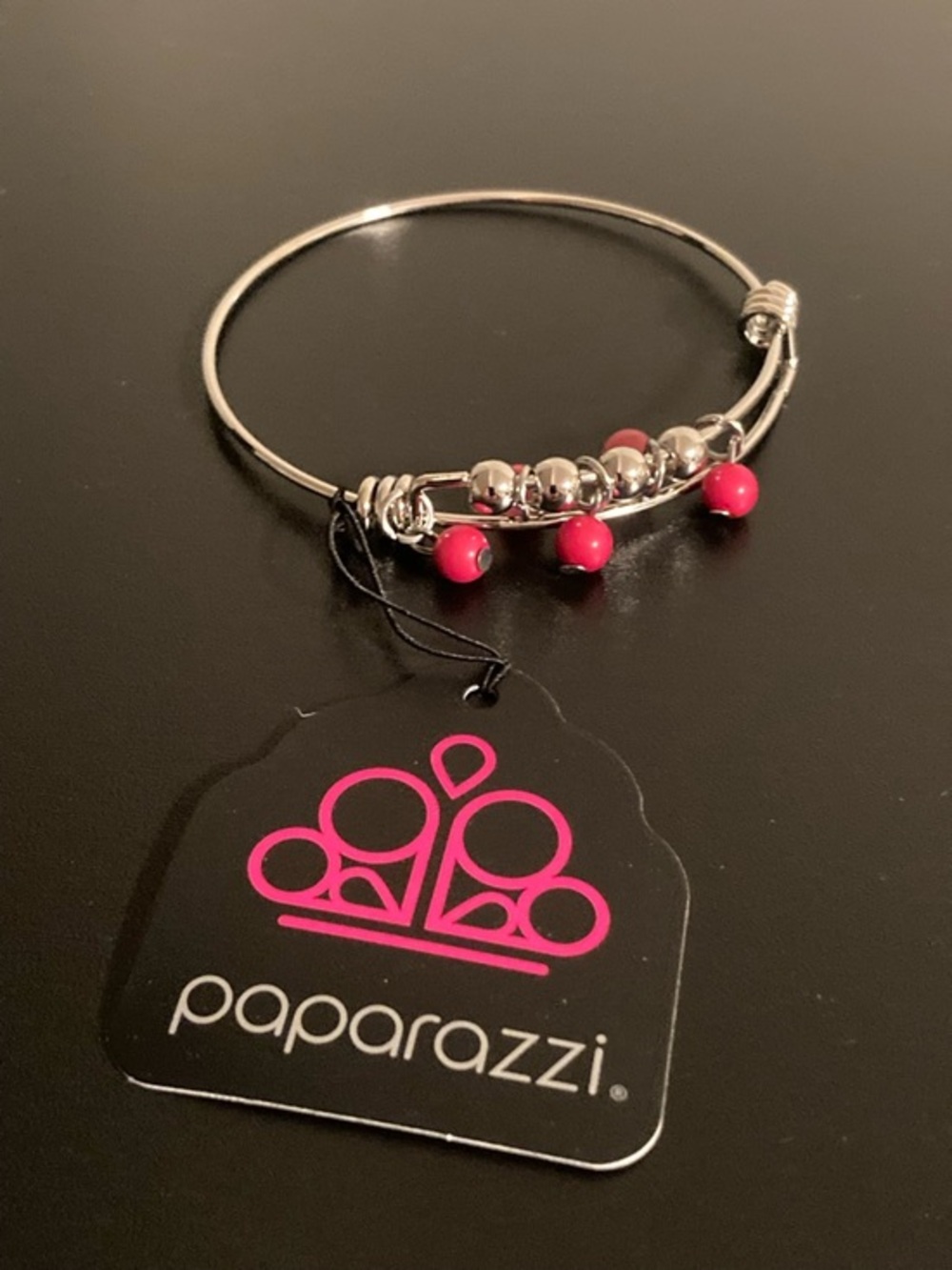 paparazzi Silver Bangle with Hot Pink Bead Charms
